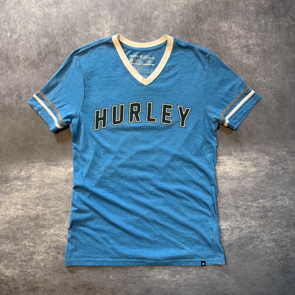 Hurley Buckle Mens V-Neck Ringer T-Shirt M Blue Tri-Blend Premium Fit Spellout